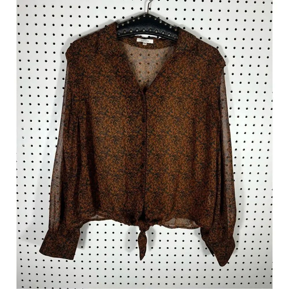 Pleione sheer button down tie front blouse